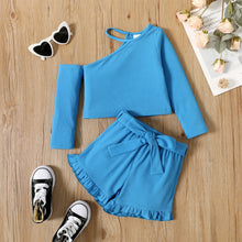 Load image into Gallery viewer, Girls Ribbed Top and Belted Ruffle Hem Shorts Set