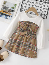 Load image into Gallery viewer, Girls Spliced Plaid Tie Waist Dress