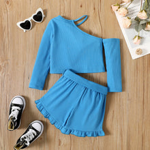 Load image into Gallery viewer, Girls Ribbed Top and Belted Ruffle Hem Shorts Set