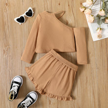 Load image into Gallery viewer, Girls Ribbed Top and Belted Ruffle Hem Shorts Set