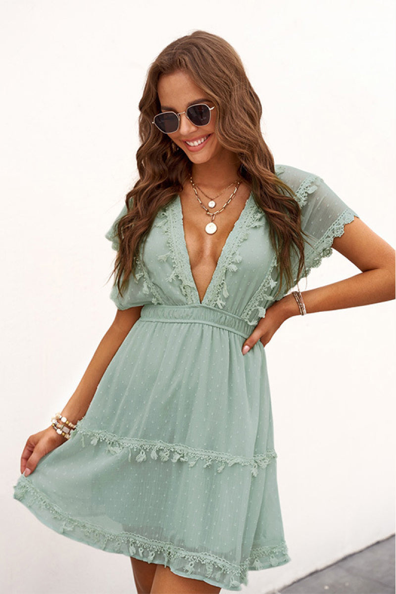 Deep V-Neck Tassels Lace Dress